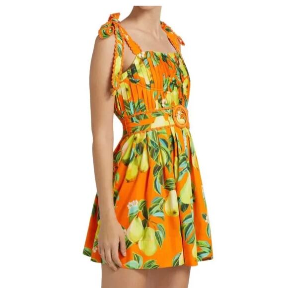 NWT Farm Rio Orange Chic Pears 100% Organic Cotton Mini Dress Belted S Retro - Picture 2 of 14